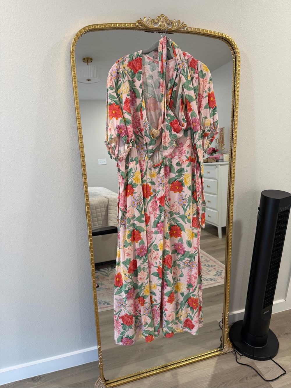 Old Navy Pink Floral Maxi Dress with Green Leaf Print